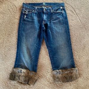 7 For All Mankind Real Fur trimmed Bootcut Crop Blue Denim Jeans Zip Fly Sz 30